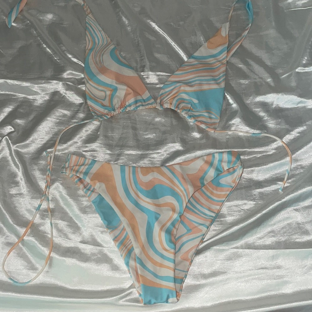light blue, orange bikini